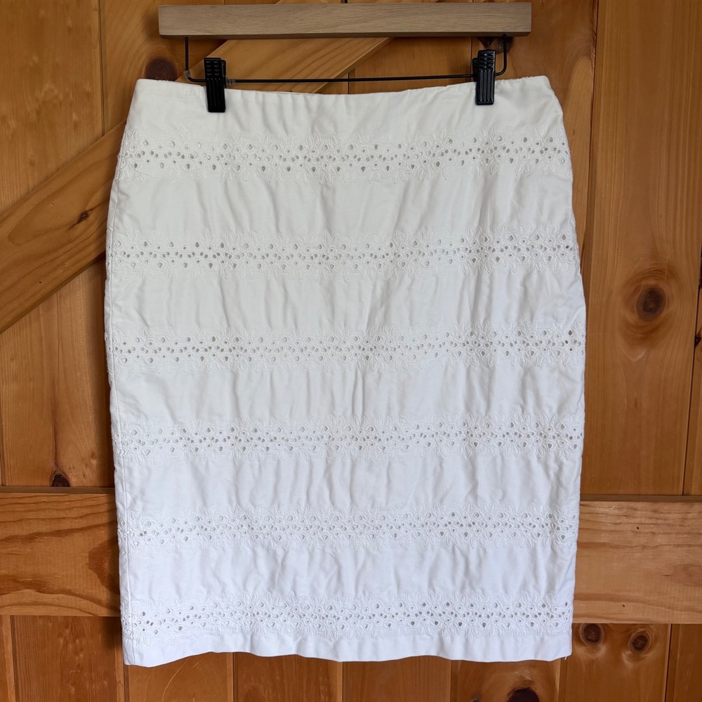 Talbots Pencil Skirt White Eyelet Embroidered Cotton Lined Womens 10